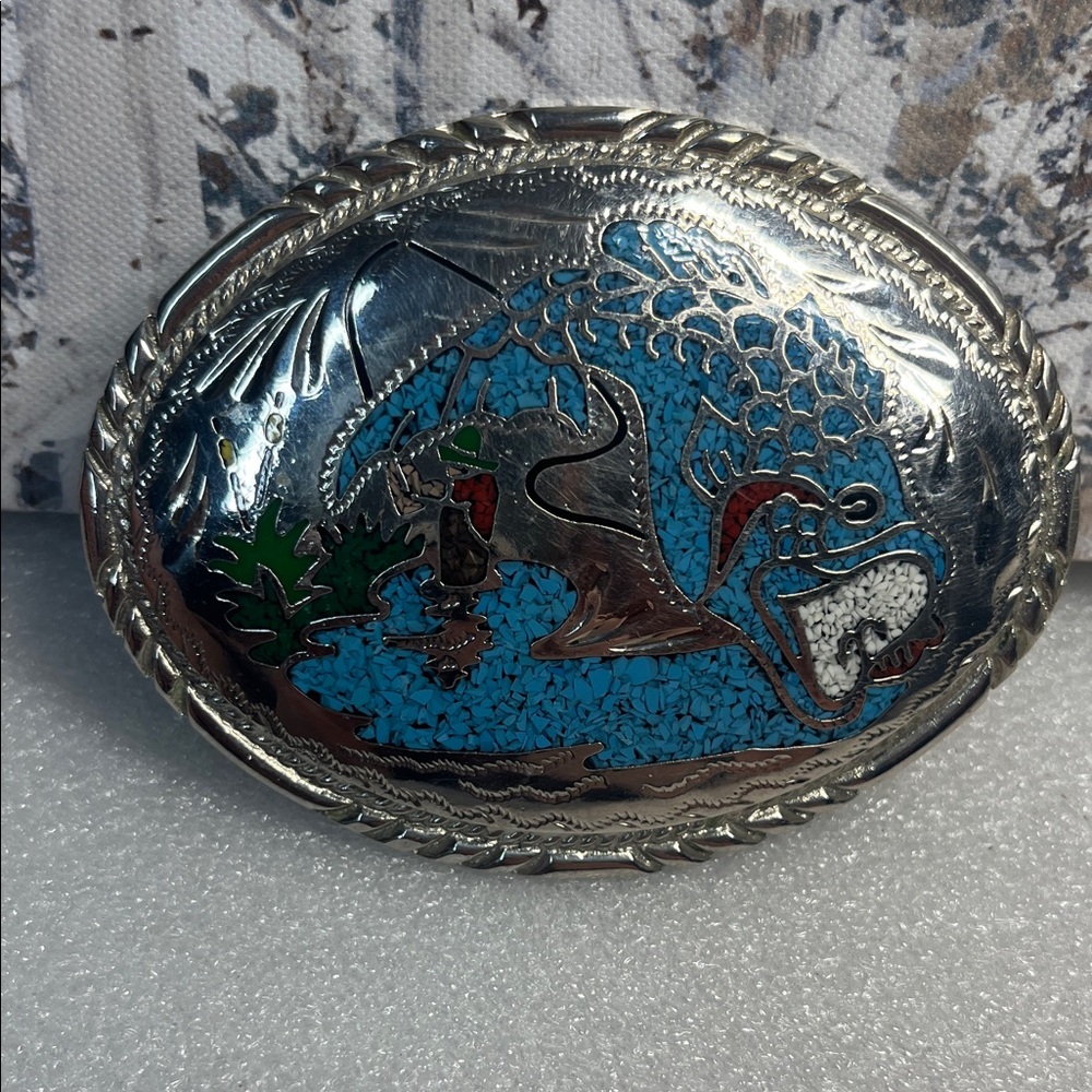 Vintage SSI Navajo Silver Turquoise Fishing Belt Buckle